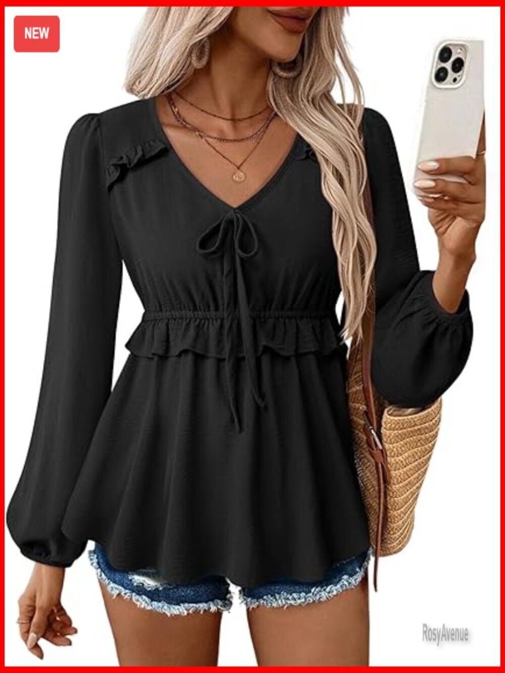 Dressy Casual V Neck Ruched Waist Lantern Long Sleeve Blouse Tunics